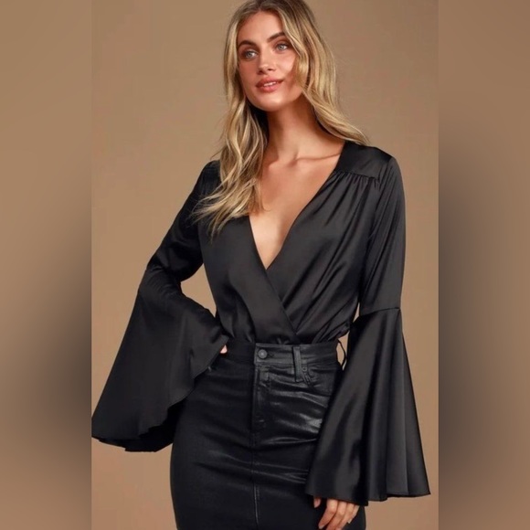 Lulus | Selby Black Satin Bell Sleeve Surplice Bodysuit in Black - Picture 1 of 11